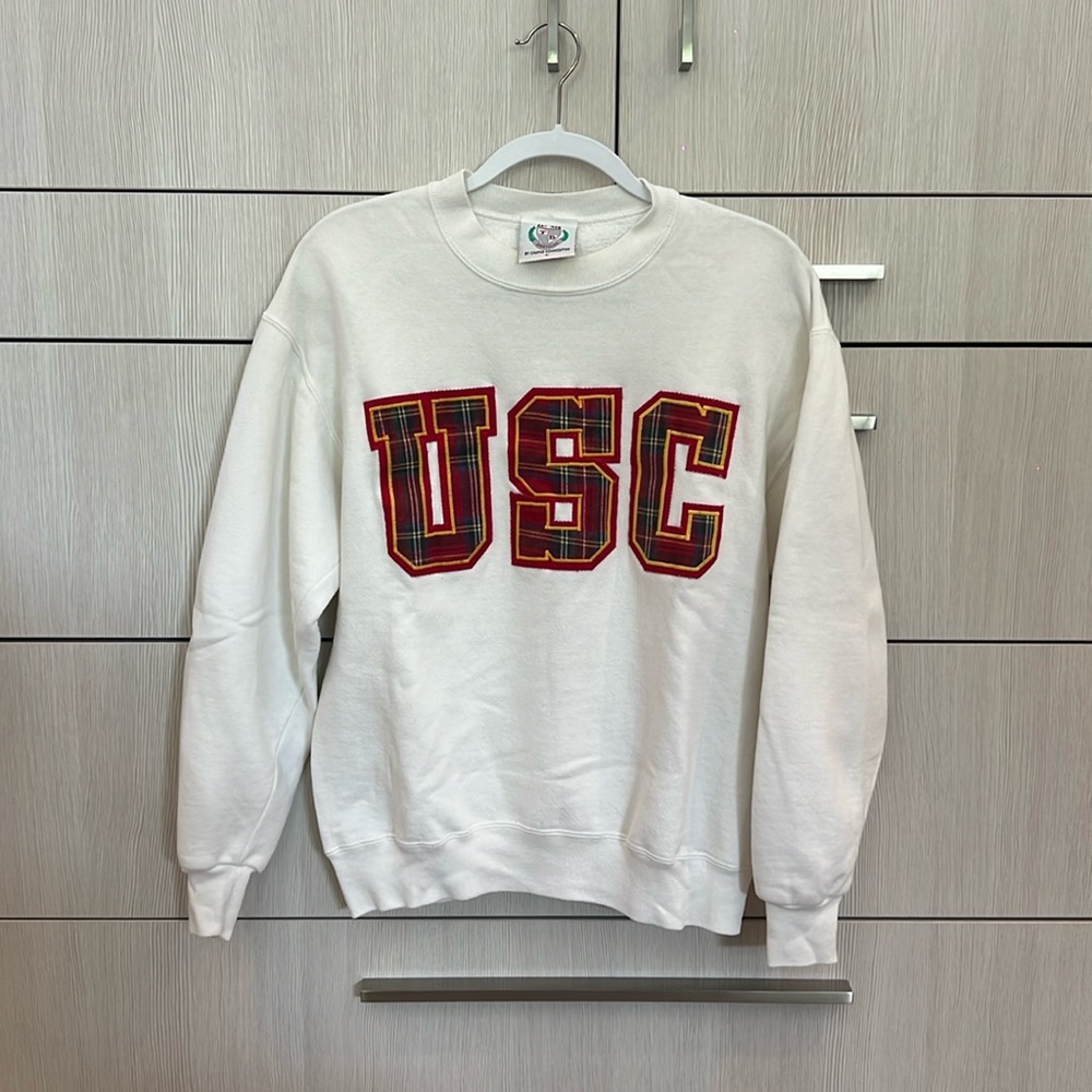 Vintage USC White Crewneck Sweatshirt with Red Plaid Lettering